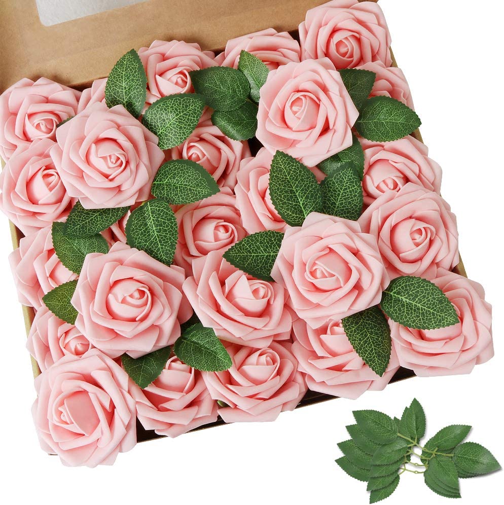 AmyHomie Artificial Flower Blush Pink Rose 25pcs Real Looking Fake Roses w/Stem for DIY Wedding Bouquets Centerpieces Arrangements Party Baby Shower Home Decorations