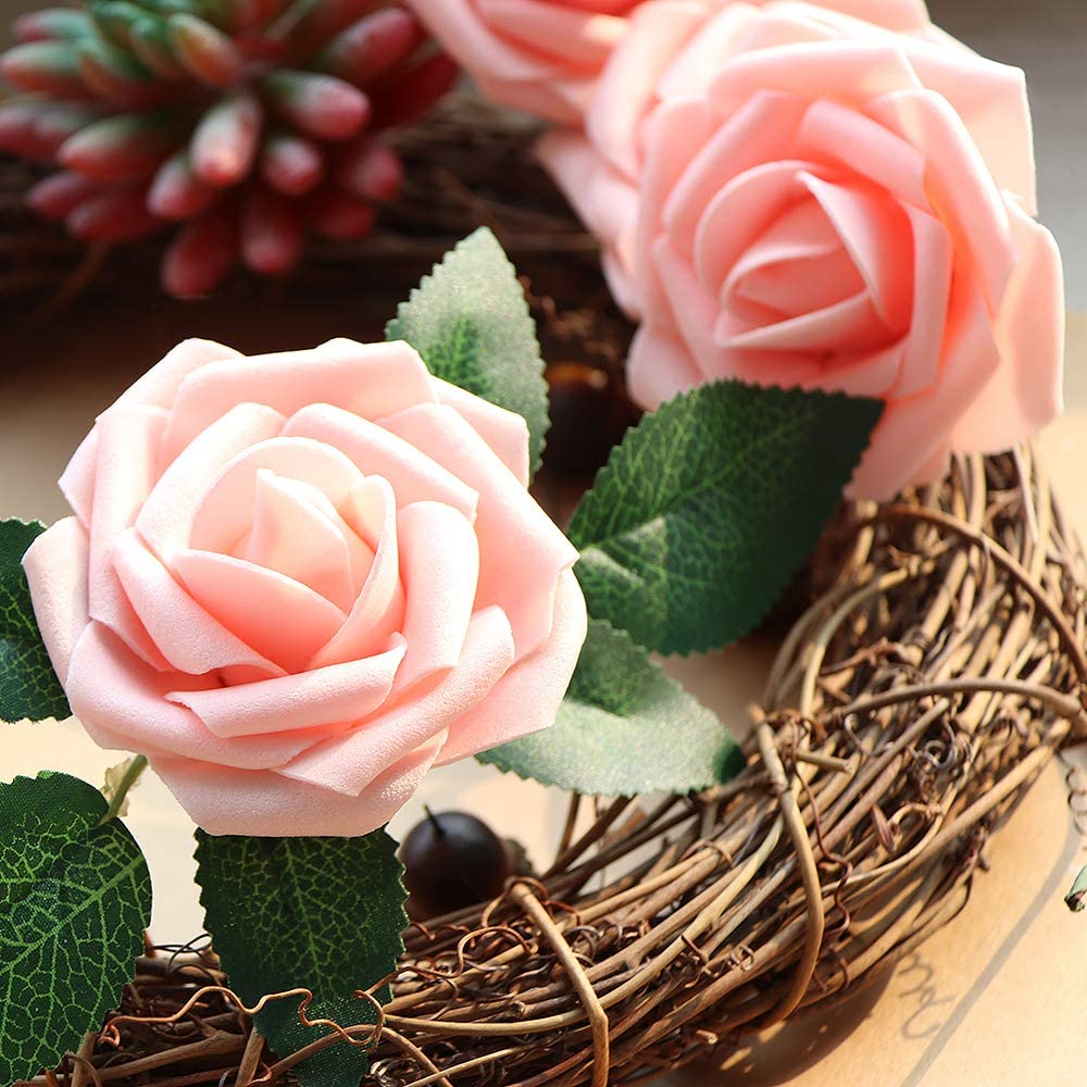 AmyHomie Artificial Flower Blush Pink Rose 25pcs Real Looking Fake Roses w/Stem for DIY Wedding Bouquets Centerpieces Arrangements Party Baby Shower Home Decorations