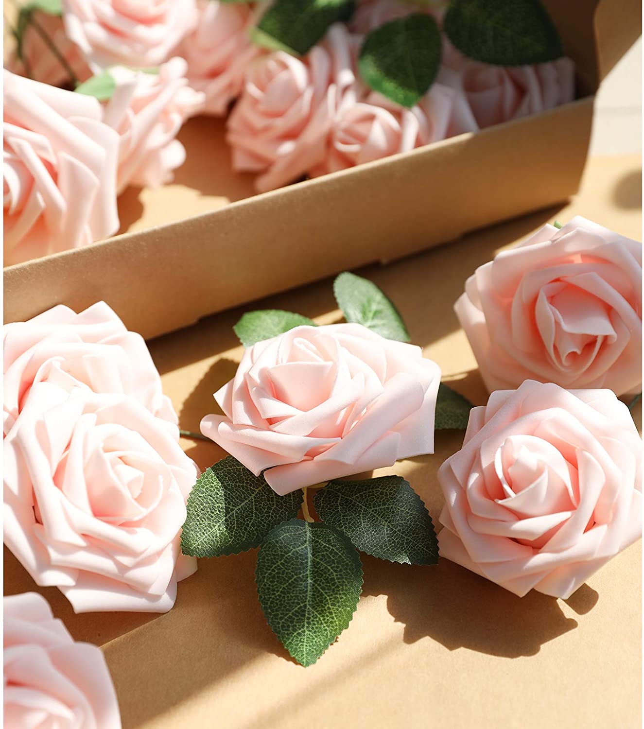 AmyHomie Artificial Flower Blush Pink Rose 25pcs Real Looking Fake Roses w/Stem for DIY Wedding Bouquets Centerpieces Arrangements Party Baby Shower Home Decorations