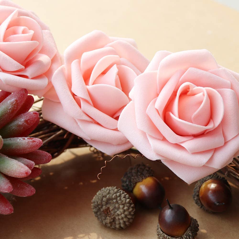 AmyHomie Artificial Flower Blush Pink Rose 25pcs Real Looking Fake Roses w/Stem for DIY Wedding Bouquets Centerpieces Arrangements Party Baby Shower Home Decorations