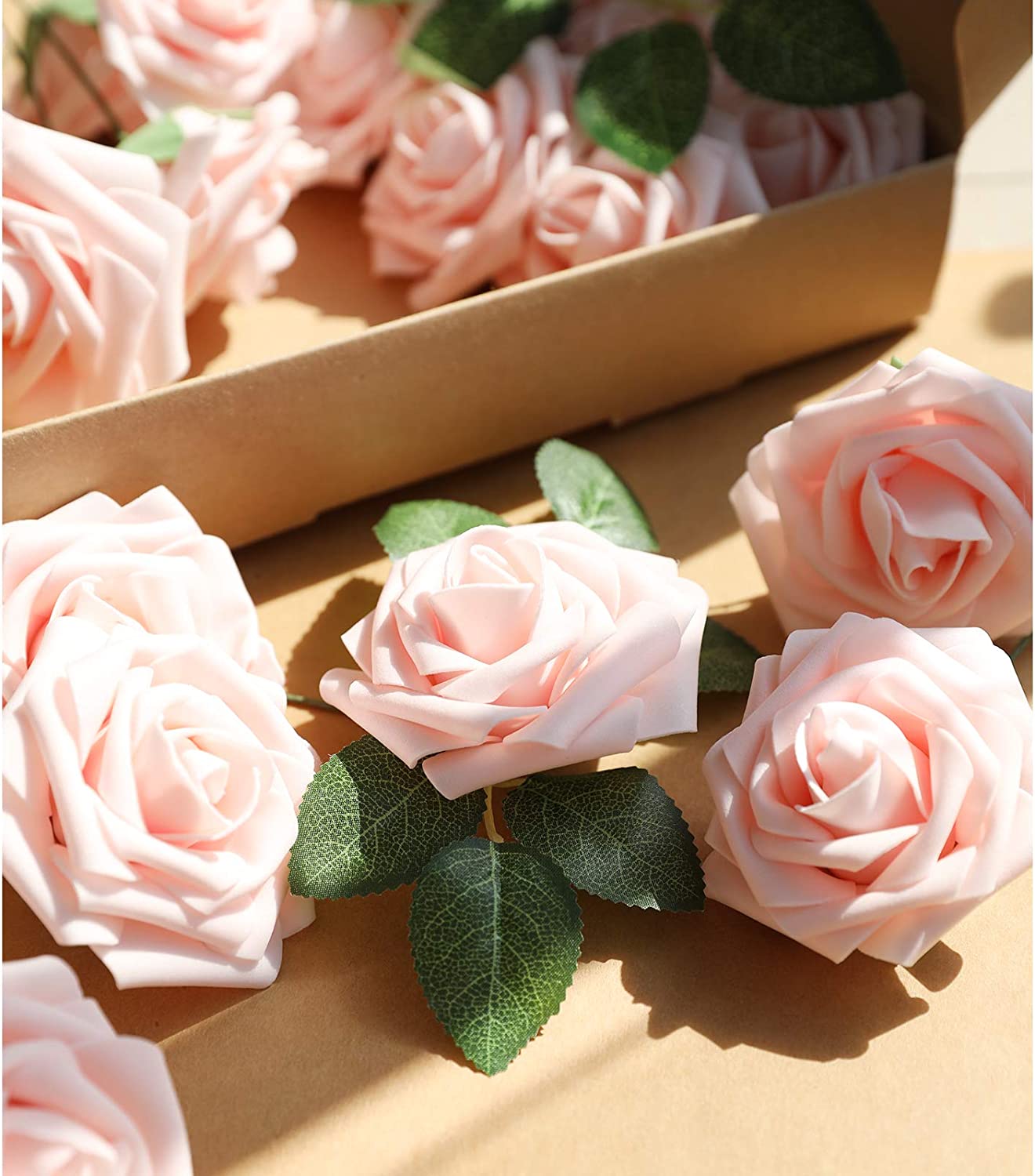 AmyHomie Artificial Flower Blush Pink Rose 25pcs Real Looking Fake Roses w/Stem for DIY Wedding Bouquets Centerpieces Arrangements Party Baby Shower Home Decorations