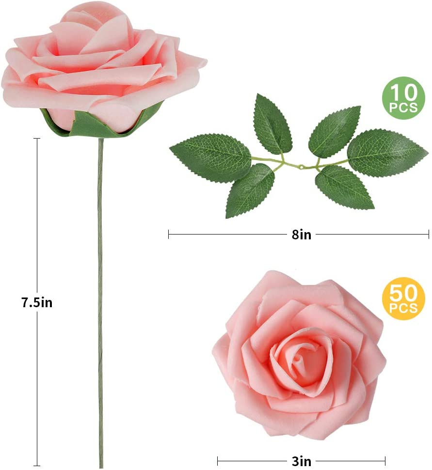 AmyHomie Artificial Flower Blush Pink Rose 25pcs Real Looking Fake Roses w/Stem for DIY Wedding Bouquets Centerpieces Arrangements Party Baby Shower Home Decorations