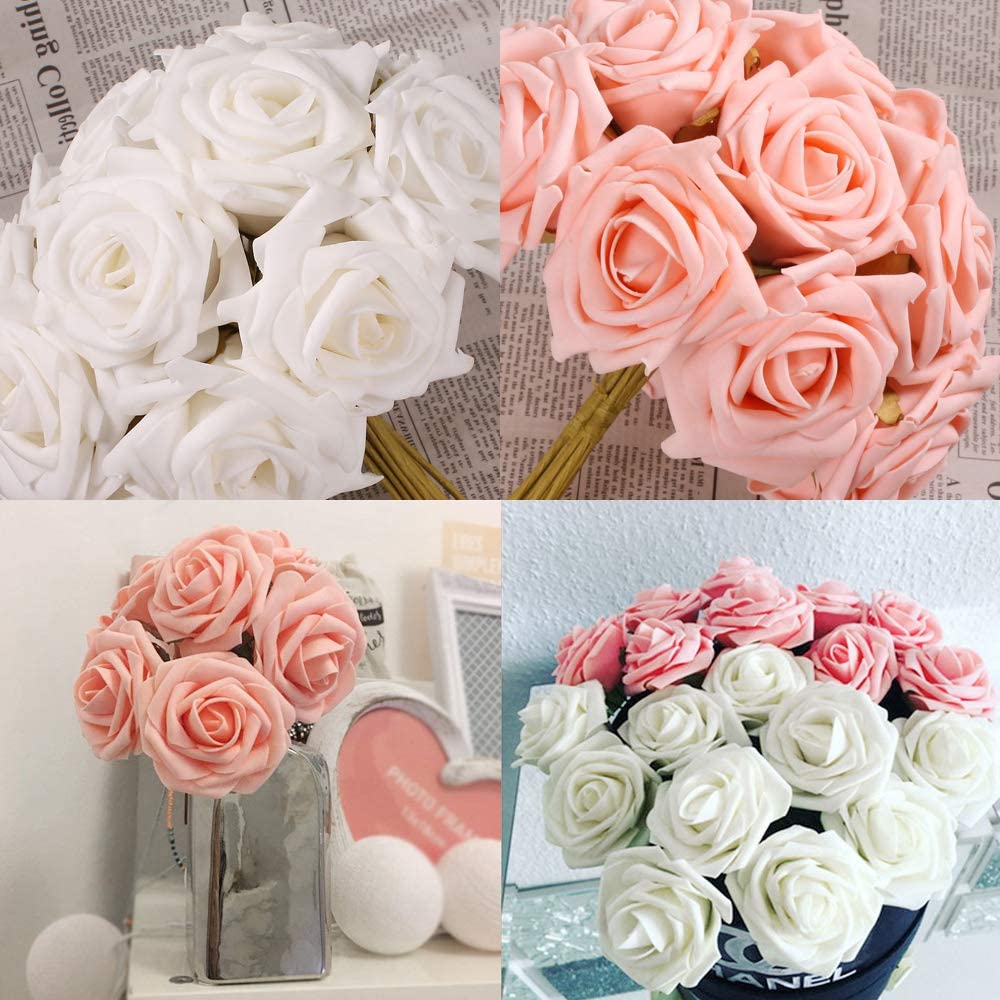 AmyHomie Artificial Flower Blush Pink Rose 25pcs Real Looking Fake Roses w/Stem for DIY Wedding Bouquets Centerpieces Arrangements Party Baby Shower Home Decorations